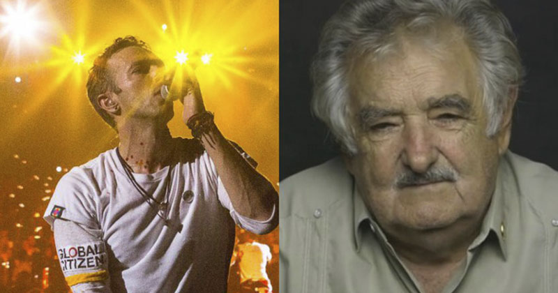 A la izquierda, Chris Martin, vocalista de Coldplay, con una cinta en el brazo que dice "ciudadano del mundo". A la derecha el expresidente de Uruguay, José Mujica.