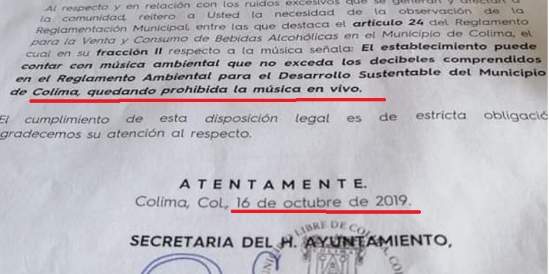 Colima, Alcalde de MC prohíbe música viva