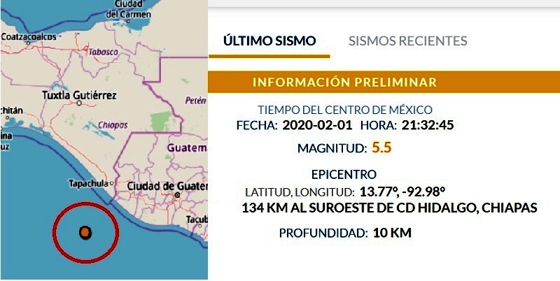 Temblor en Chiapas, 1 febrero 2020