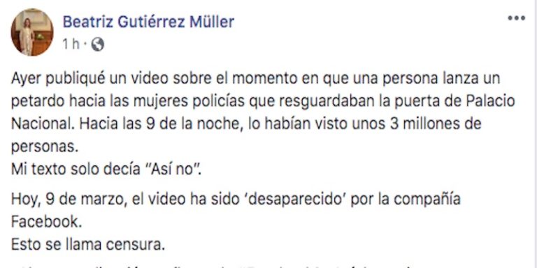Beatriz Gutiérrez Müller denuncia censura, Facebook elimina publicación