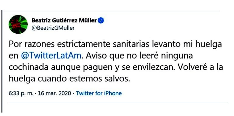 Beatriz Gutiérrez levanta huelga en Twitter