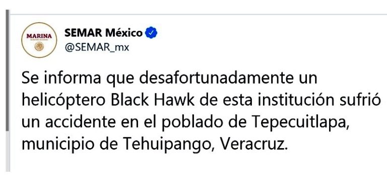 Semar lamenta desplome de helicóptero en Veracruz