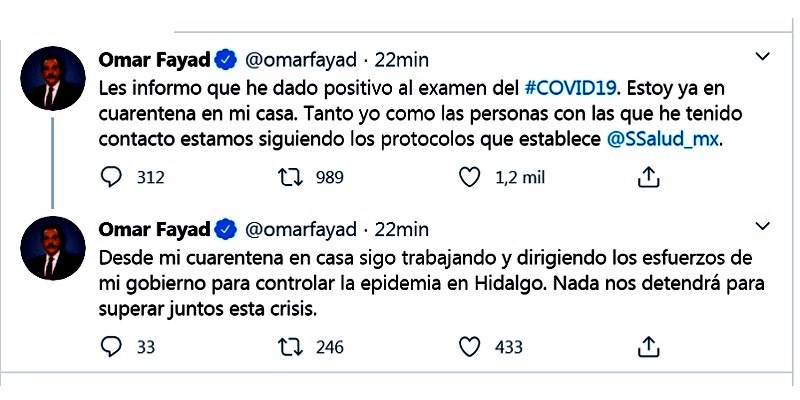 Hidalgo, gobernador en cuarentena por coronavirus