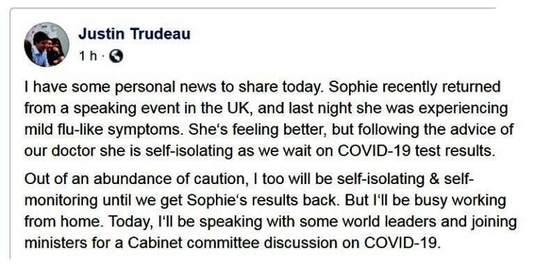 Trudeau trabaja desde casa