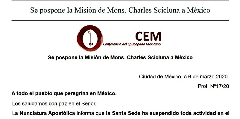 Vaticano pospone visita a México