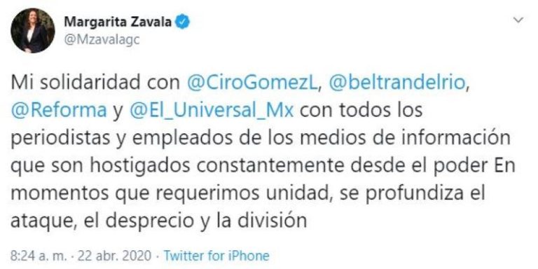 Margarita Zavala defiende a Ciro Gómez Leyva y a Reforma