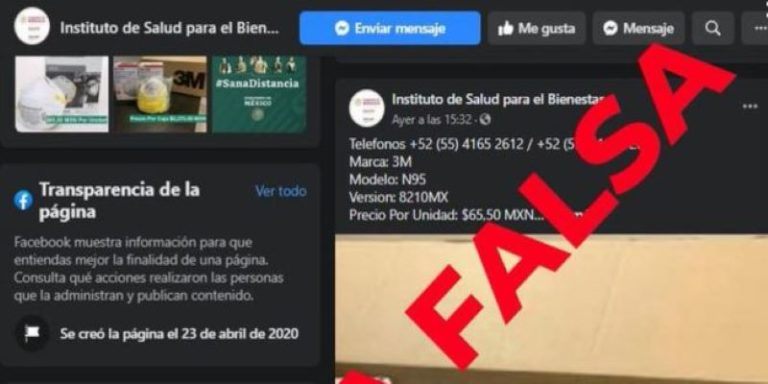 Detectan página falsa del Insabi en Facebook, vendían mascarillas N95