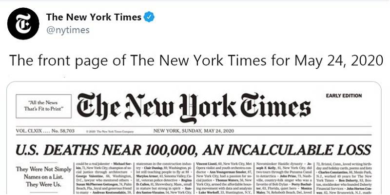 New York Times, homenaje a casi 100 mil fallecidos por coronavirus