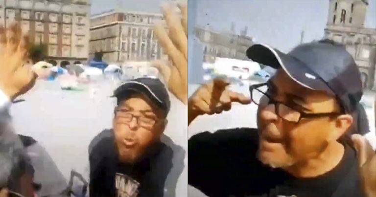 Miembro de FRENAAA escupe en la cara a adulto mayor en el Zócalo