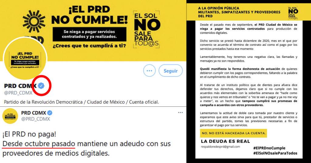 Balconean al PRD con su propia cuenta: no paga a trabajadores de redes