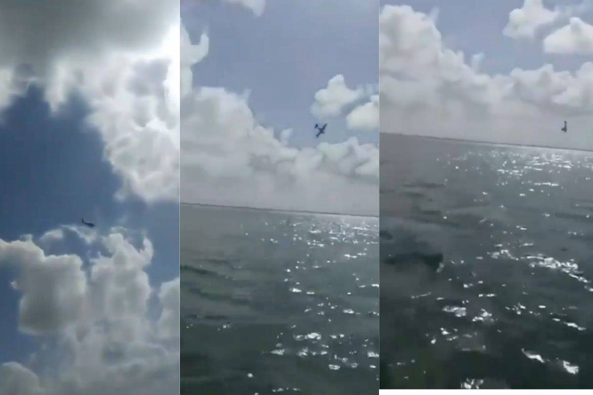 Captan momento en que avioneta se desploma en la Laguna Nichupte, en Cancún