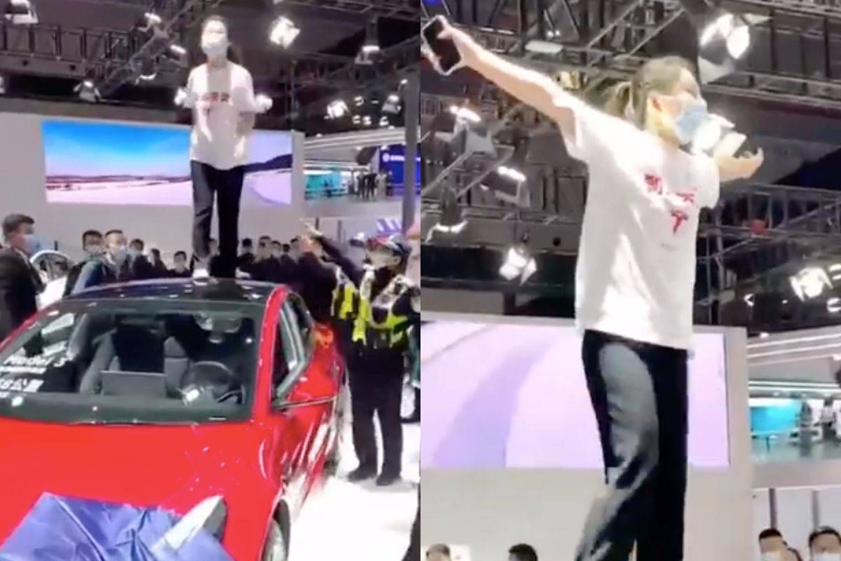 Mujer protesta encima de un Tesla por fallas en los frenos