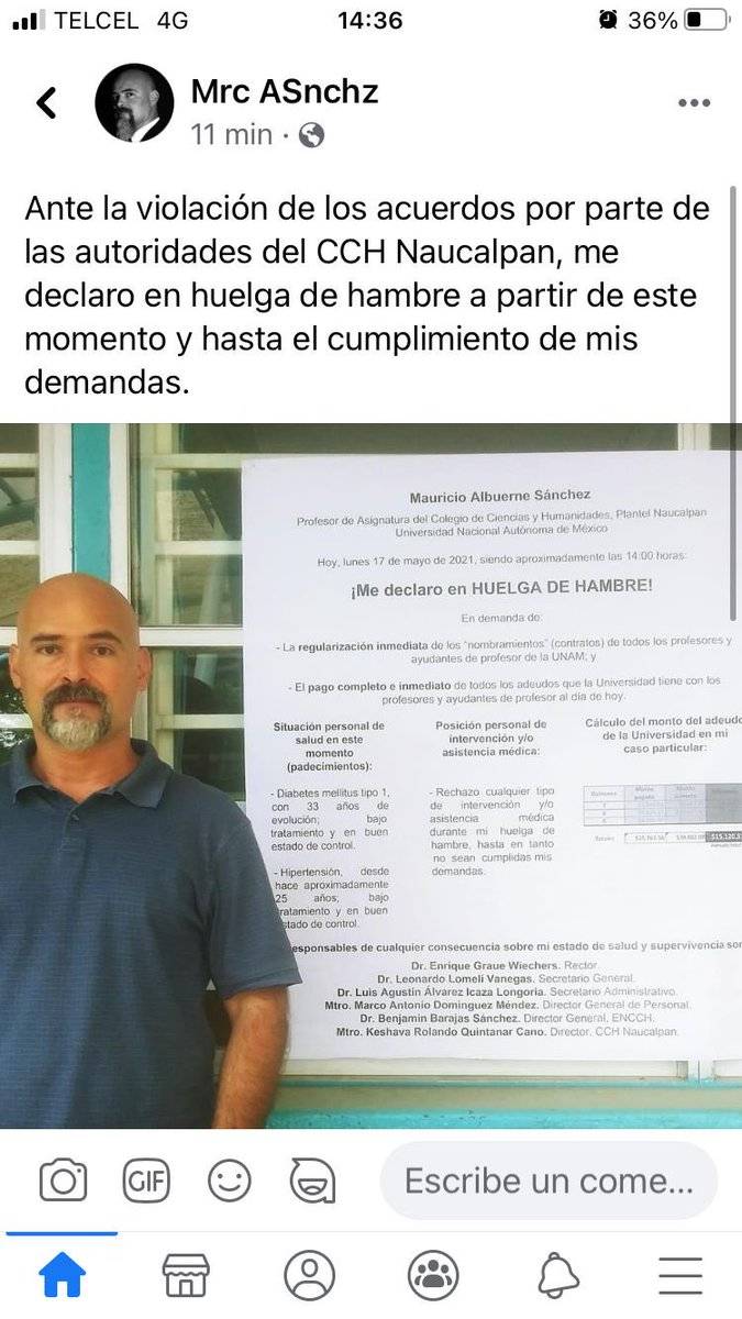 Profesor del CCH Naucalpan se declara en huelga de hambre por falta de pago