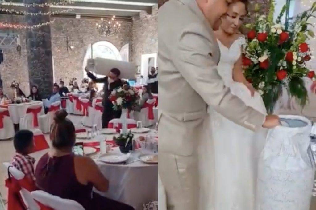 Invitado obsequia cilindro de gas a novios durante boda