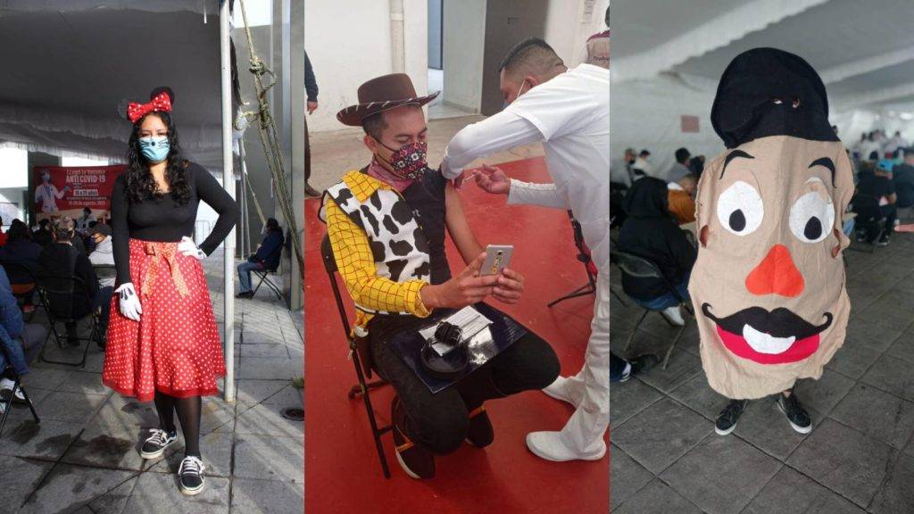 Jóvenes se disfrazan para vacunarse contra Covid-19 en Nezahualcóyotl
