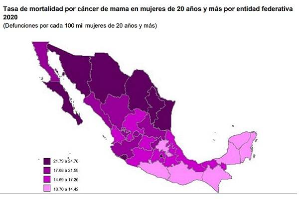 Tasa de mortalidad por cáncer de mama en mujeres de 20 años y más por grupo de edad 2020 (Defunciones por cada 100 mil mujeres)