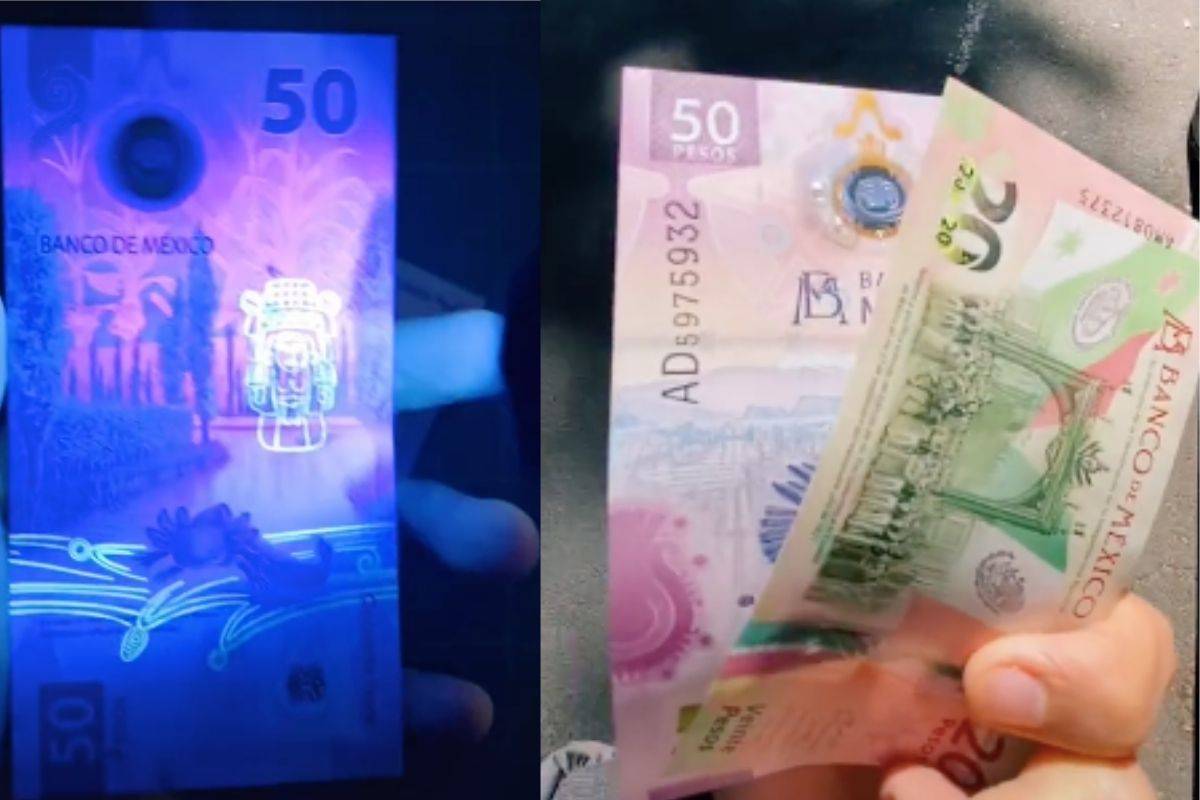 Así lucen los billetes de 20 y 50 pesos con luz fluorescente