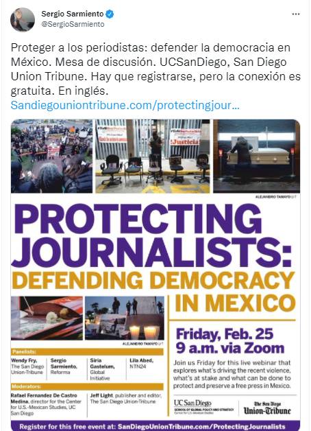 Sergio Sarmiento estuvo en un webinar sobre periodismo y democracia, organizado por The San Diego Unión Tribune, que fue señalado como pantalla de la CIA.