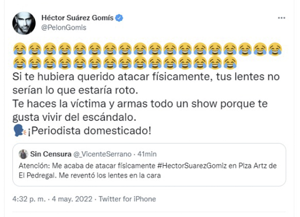 El periodista Vicente Serrano denunció en Twitter que el actor Héctor Suárez Gomiz lo agredió física y verbalmente en un centro comercial.