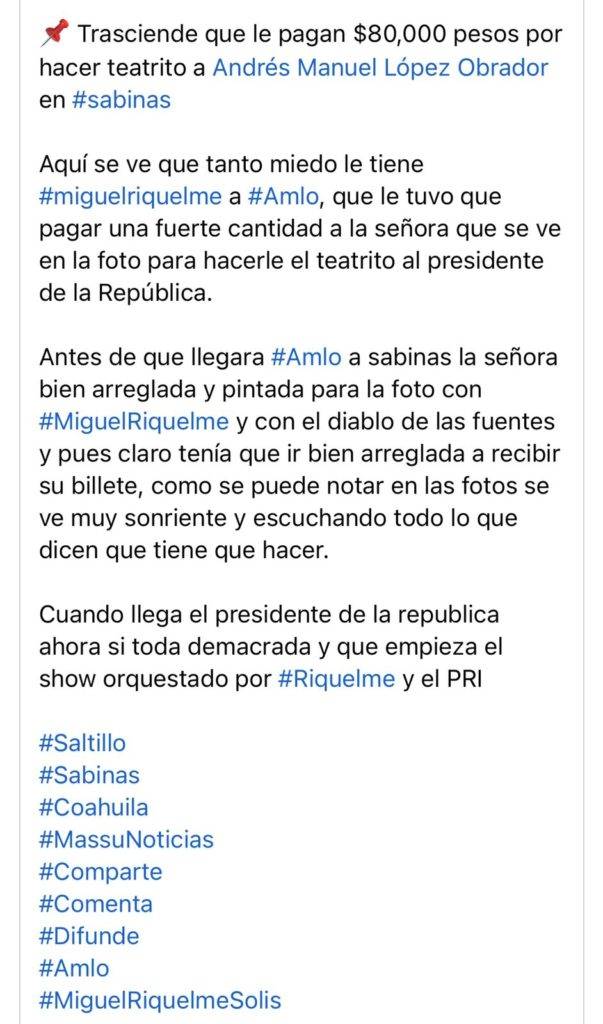 A través de las redes sociales, se dio a conocer que el gobernador de Coahuila, Miguel Riquelme habría ordenado a la presidenta municipal de Sabinas, Diana Haro pagarle para manifestarse contra el presidente.