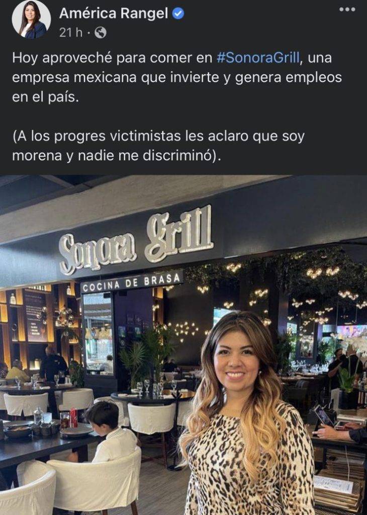 A través de redes sociales, se viralizó el oportunismo de la panista quien dijo en él Sonora Grill no la discriminaron.