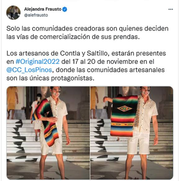 La secretaria de Cultura, Alejandra Frausto, exhibió en su cuenta de Twitter la gran similitud entre una prenda de Ralph Lauren y los sarapes mexicanos.