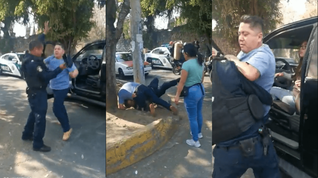 Una grabación registró el momento en el que un hombre golpea y tira al piso a un policía de Seguridad Pública de la Ciudad de México tras impedirle el paso.