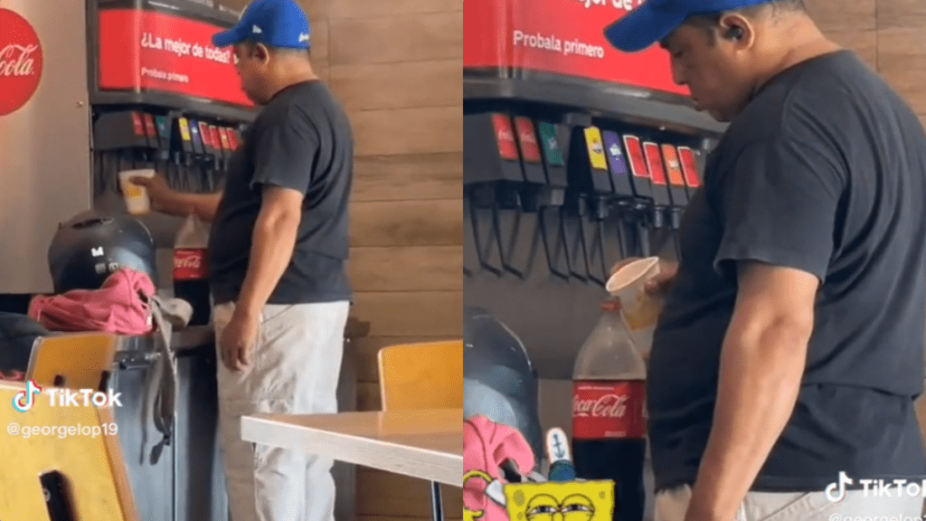 A través de redes sociales se exhibió a un hombre que tras acudir a consumir a un restaurante de comida rápida, decide rellenar su botella con el refresco de la maquina.