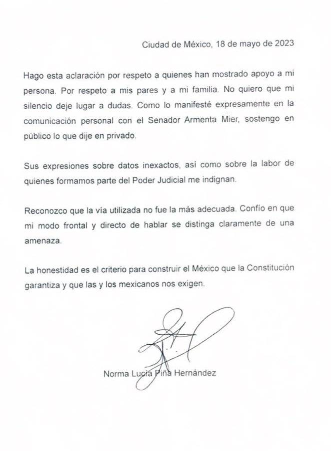 La presidenta de la SCJN, Norma Piña publicó una carta en la que acepta que si mandó mensajes al presidente del Senado, Alejandro Armenta.