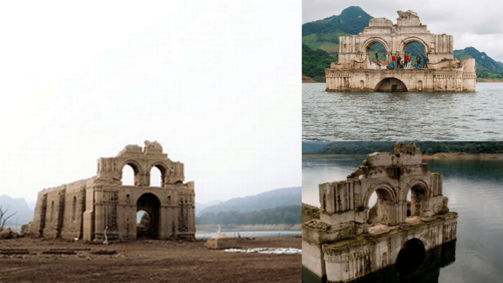 Un templo dominico quedó al descubierto, en la presa Malpaso en Chiapas, luego de que los niveles de agua por la sequía descendieran.