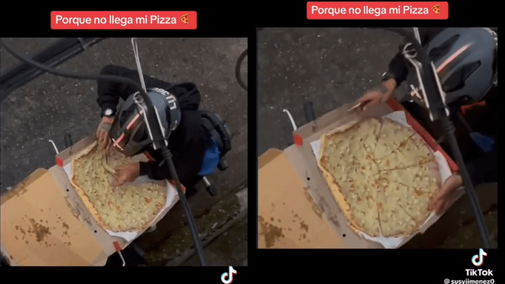 Un video difundido en redes sociales captó el momento en el que un repartidor de comida se come un pedazo de pizza antes de entregarla.