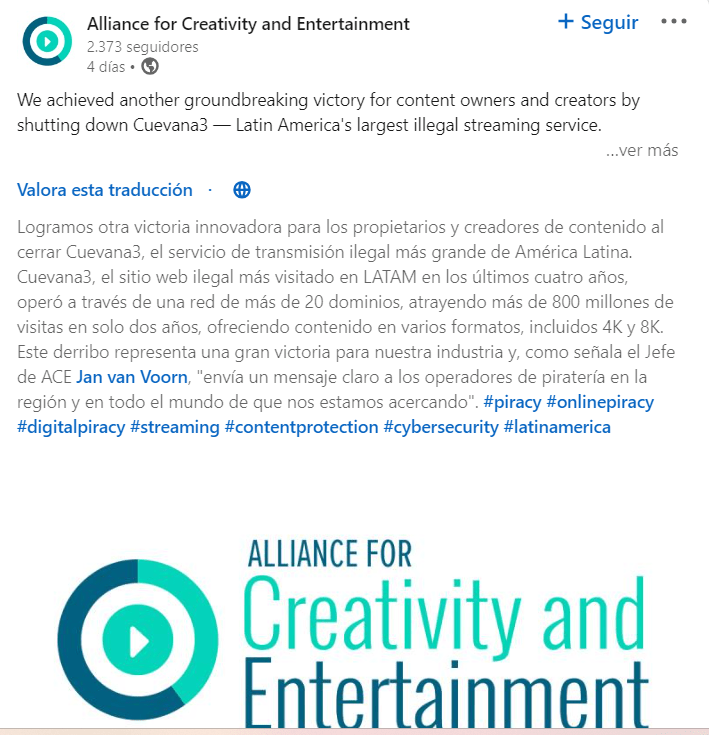 La Alianza para la creatividad y el entretenimiento, ACE, anunció el cierre de Cuevana 3, el sitio que transmitía películas, series y animaciones.