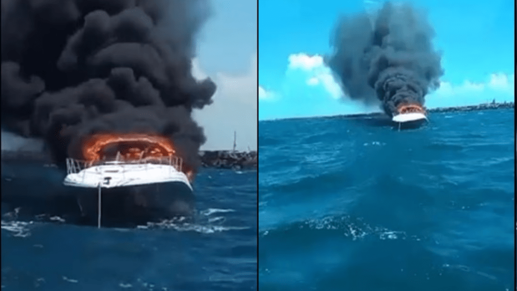 Turistas que se encontraban en las playas de Progreso en Yucatán, captaron en video el momento en el que un Yate se incendiaba en el mar.