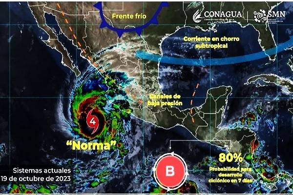 Norma fue ubicada a 390 km al oeste-sureste de Manzanillo y a 655 km al Sur-sureste de Cabo San Lucas, Baja California Sur, piden extremar precauciones
