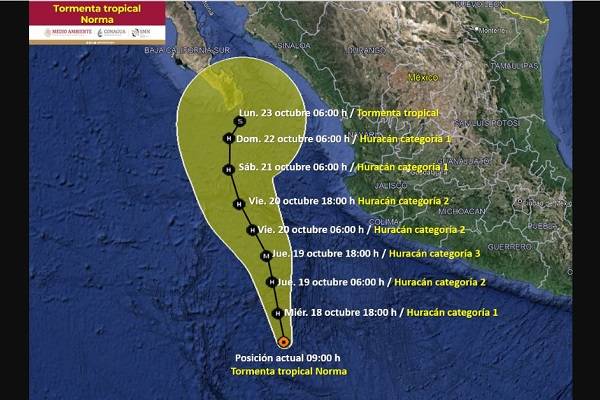 Tormenta Norma, de reciente aparición, escalaría rápidamente, pronóstico indica que en alrededor de 48 horas pasará a ser un Huracán de Categoría 1.