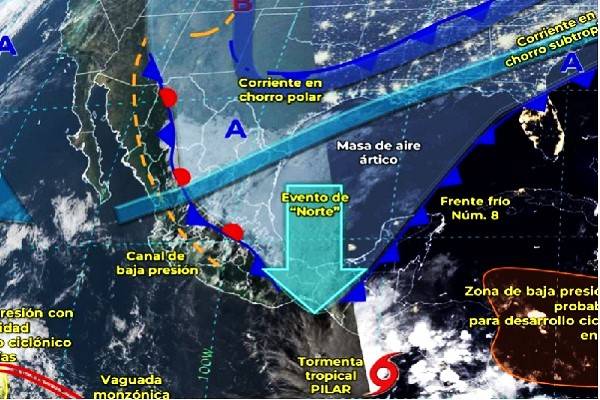 Frente frío 8 recorrerá el sureste y Península de Yucatán. En interacción con efectos de ciclón tropical Pilar, generará lluvias de muy fuertes a intensas