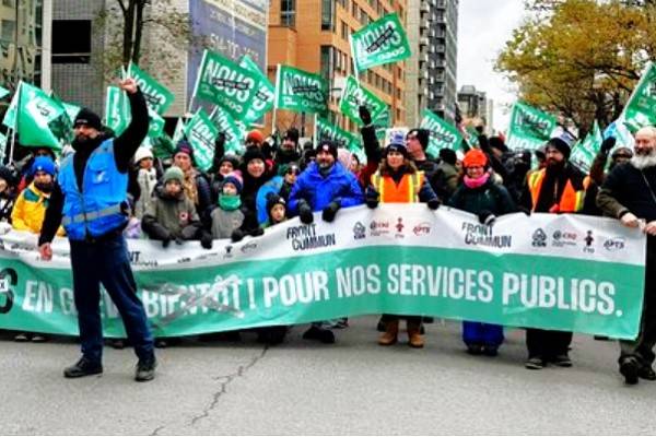 Marchan más de 600 mil sindicalistas en Quebec. Manifestaciones, paros, actos de protesta, sectores declaran huelga indefinida