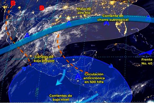 Primavera: Fuertes vientos en la Mesa del Norte con lluvias hasta el noreste. Lluvias en centro, oriente, sureste y Península de Yucatán. En general caluroso