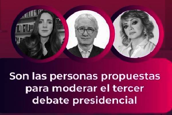 Luisa Cantú conductora de SPR; Elena Arcila, directora de Grupo Sipse en Yucatán y Javier Solorzano conductor del Heraldo TV en tercer debate presidencial