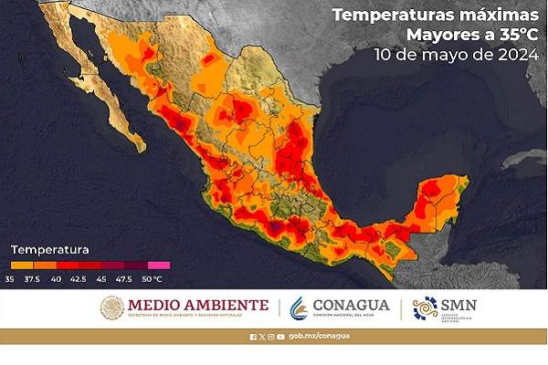 Calor superior a 45 °C en Sinaloa, Michoacán, Guerrero, Oaxaca, Chiapas, Tamaulipas, San Luis, Veracruz, Tabasco, Campeche y Yucatán. Vientos al norte