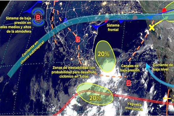 Lluvias muy fuertes en Campeche, Chiapas, Oaxaca, Quintana Roo, Tabasco, Veracruz y Yucatán. Intenso viento: Torbellinos tolvaneras y trombas