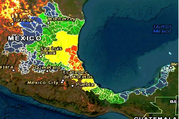 Protección Civil: Peligro alto, Sureste de Tamaulipas y Norte de Veracruz. peligro medio, Noreste de Hidalgo; Norte de Puebla; Sureste y Centro de San Luis