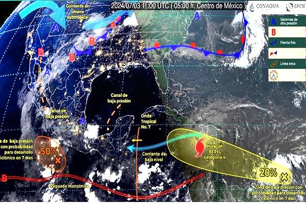 Huracán Beryl en Mar Caribe, categoría 4. Extremadamente destructivo. Aún sin efectos en México. Impactaría Península de Yucatán con menor intensidad