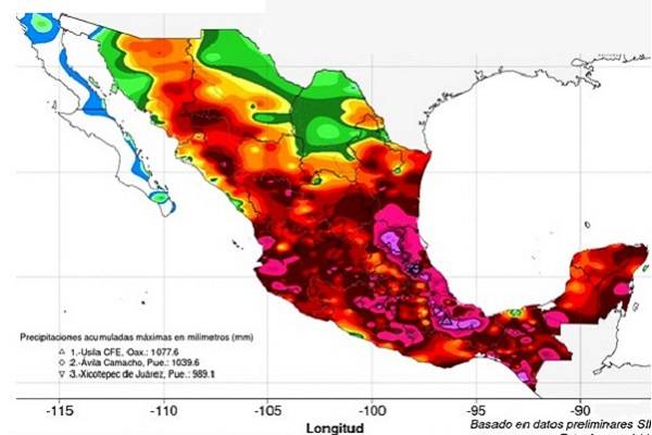 Depresión tropical Tres-E, lluvia intensa en Colima, Nayarit Jalisco y Michoacán. Avanza a 46% llenado de las 210 principales presas de México