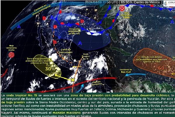 Lluvias: Onda tropical 15 en Q. Roo y potencial ciclónico al sur-sureste de Chiapas. Domingo, posible ciclón frente a Colima, Jalisco y Michoacán