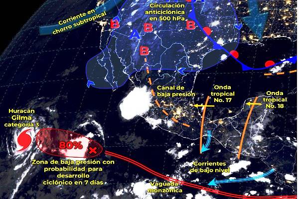 Nubosidad con chubascos, lluvias puntuales de intensas a muy fuertes y con actividad eléctrica. Calor con máximas superiores a 40°C al norte