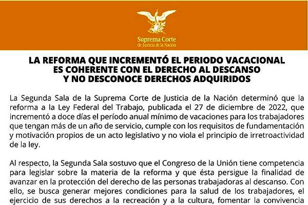 Suprema corte rechazó amparar a BGD Constructora que argumentaba que reforma al artículo 76 de Ley del Trabajo en materia de vacaciones era inconstitucional