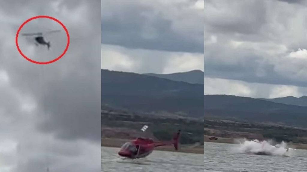 La aeronave, especializada en la recolección de agua para combatir incendios, cayó al agua durante maniobras de adiestramiento en la Presa de Chihuahua. 