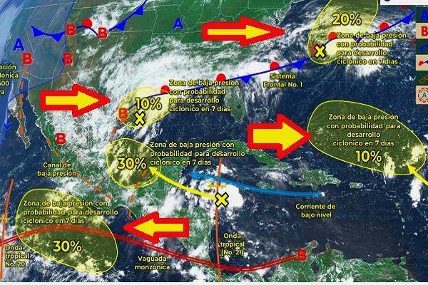 Del próximo sábado al martes, se estima lluvias de intensas a torrenciales sobre la península de Yucatán, el oriente, noreste y sureste de México