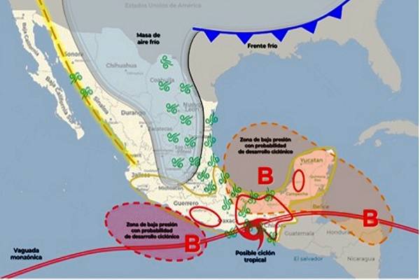 Frente frío, viento norte: oleaje elevado en Tabasco, Tamaulipas, Veracruz; Chiapas y Oaxaca. Lluvias intensas: Campeche y Guerrero. Precaución. Solidaridad